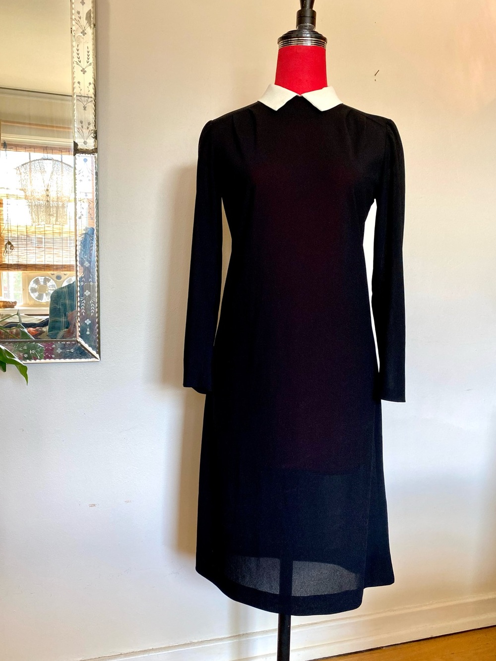 Black Long-Sleeve Shift Dress with White Peter Pan Collar